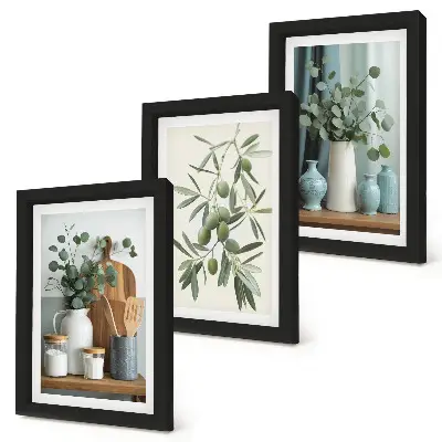 Green olives and eucalyptus branches wall art framed triptych