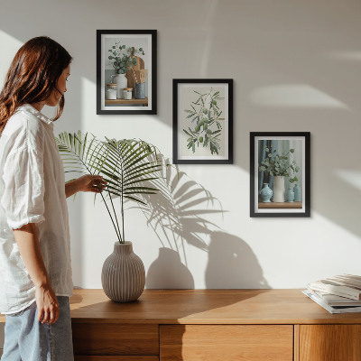 Framed triptych Green olives and eucalyptus branches aesthetic