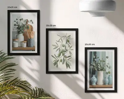 Green olives and eucalyptus branches wall art framed triptych
