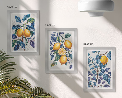 3-piece wall art set Lemons on branches with blue leaves