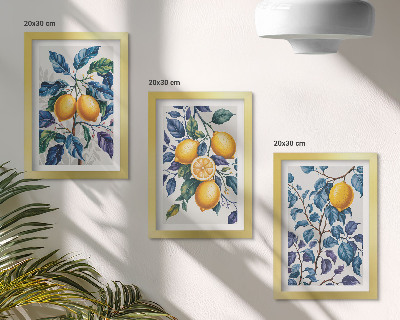 3-piece wall art set Lemons on branches with blue leaves