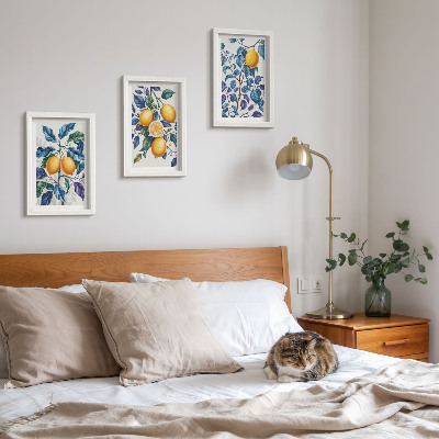 3-piece wall art set Lemons on branches with blue leaves