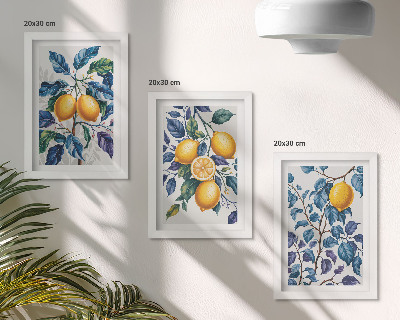 3-piece wall art set Lemons on branches with blue leaves