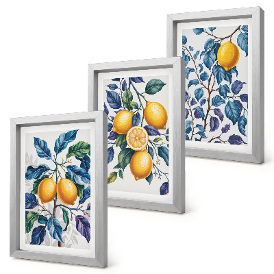 3-piece wall art set Lemons on branches with blue leaves