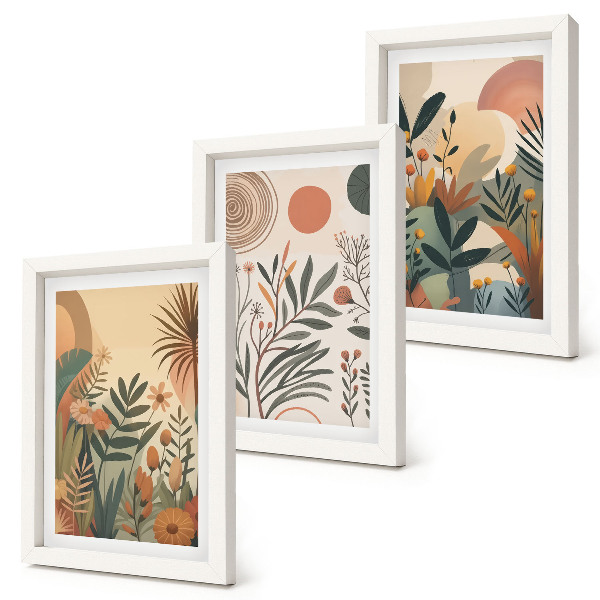 Framed triptych Plant motifs in muted colors with circles