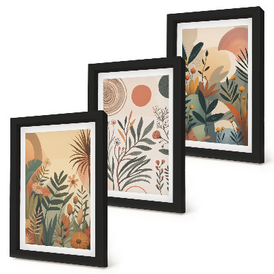 Framed triptych Plant motifs in muted colors with circles