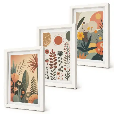 Photo frame wall set featuring boho plant patterns in warm natural shades