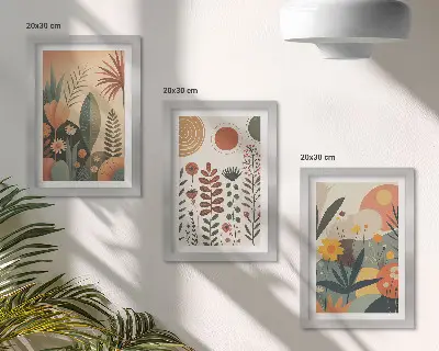 Photo frame wall set featuring boho plant patterns in warm natural shades