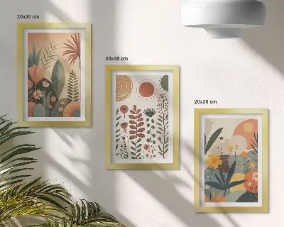 Photo frame wall set featuring boho plant patterns in warm natural shades