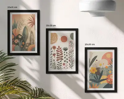 Photo frame wall set featuring boho plant patterns in warm natural shades