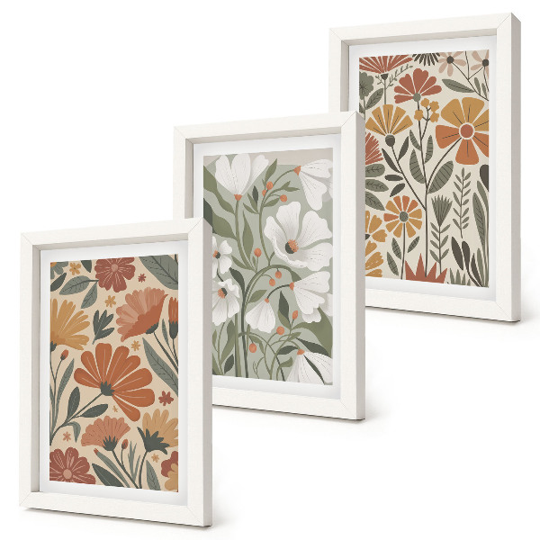 Framed triptych Floral patterns in shades of orange and green