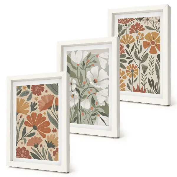 Floral patterns in shades of orange and green framed triptych