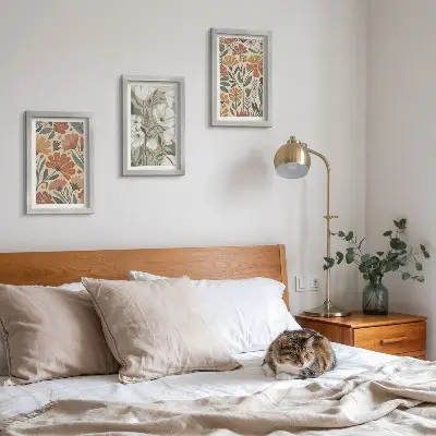 Floral patterns in shades of orange and green framed triptych