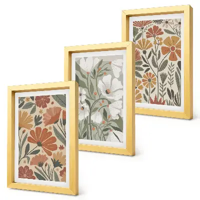 Floral patterns in shades of orange and green framed triptych