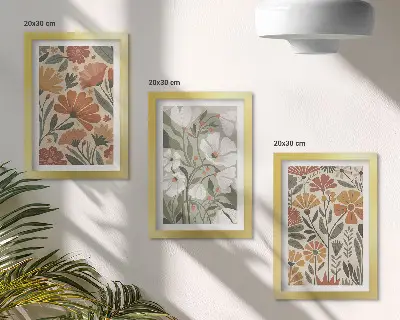 Floral patterns in shades of orange and green framed triptych