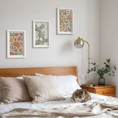 Floral patterns in shades of orange and green framed triptych