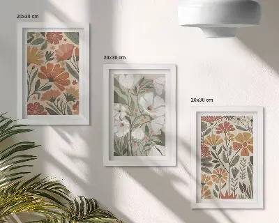 Floral patterns in shades of orange and green framed triptych