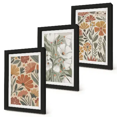 Floral patterns in shades of orange and green framed triptych