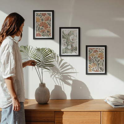 Framed triptych Floral patterns in shades of orange and green