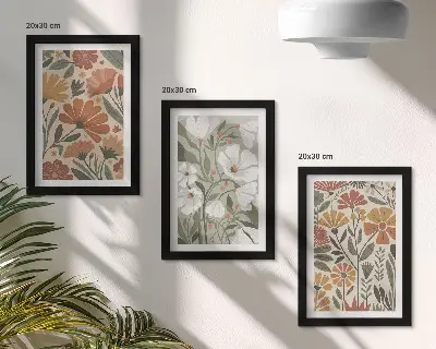 Floral patterns in shades of orange and green framed triptych