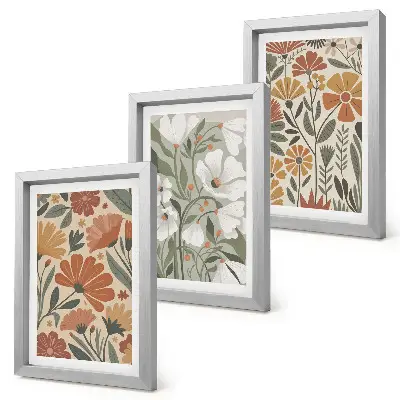 Floral patterns in shades of orange and green framed triptych