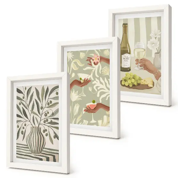 3-piece wall art set featuring olive blossoms and rustic cocktails