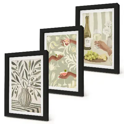 3-piece wall art set featuring olive blossoms and rustic cocktails