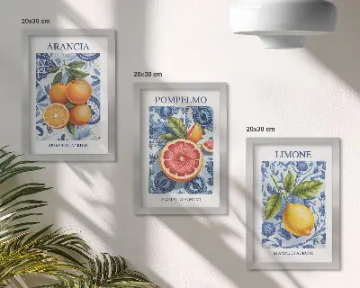 Photo frame wall with vintage citrus fruit illustrations
