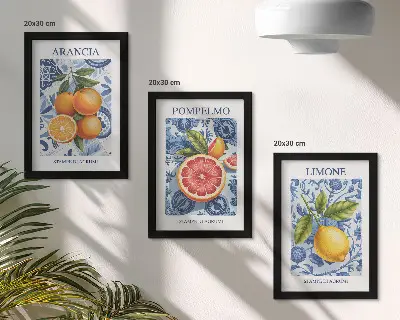 Photo frame wall with vintage citrus fruit illustrations