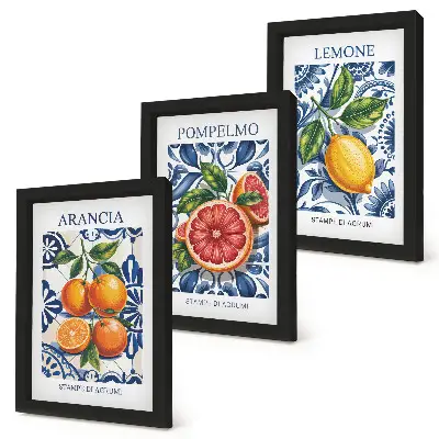 Italian style citrus fruit fashion posters framed triptych
