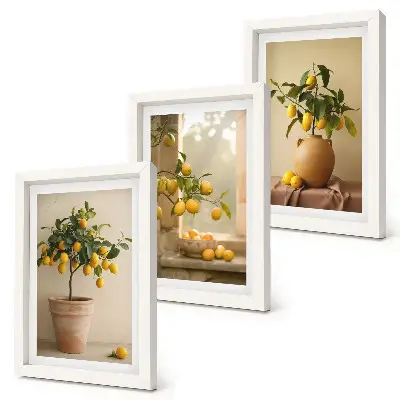 Lemon trees in pots and on the window framed triptych