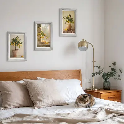 Lemon trees in pots and on the window framed triptych