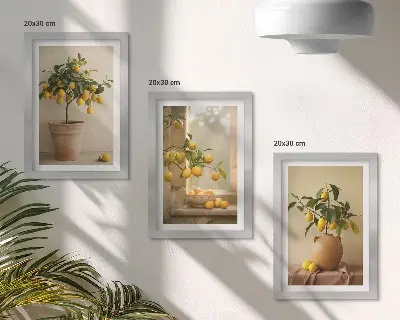 Lemon trees in pots and on the window framed triptych