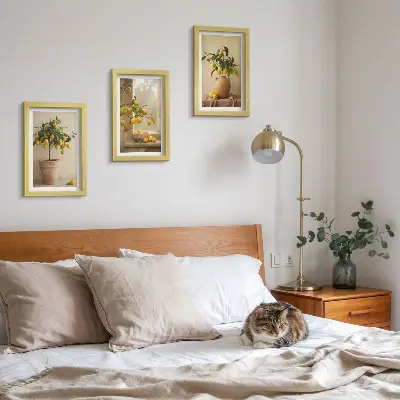 Lemon trees in pots and on the window framed triptych