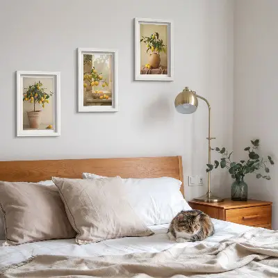 Lemon trees in pots and on the window framed triptych