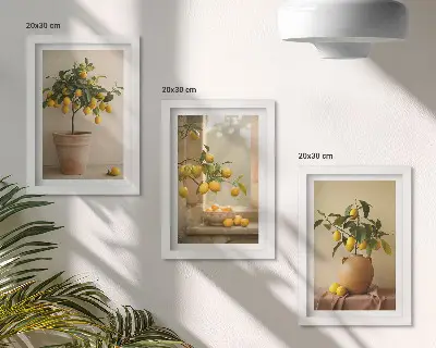 Lemon trees in pots and on the window framed triptych