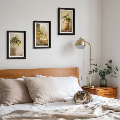 Lemon trees in pots and on the window framed triptych