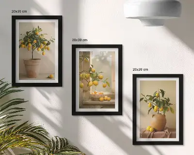 Lemon trees in pots and on the window framed triptych