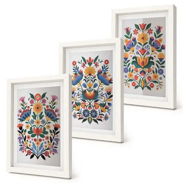 3-piece wall art set with floral patterns in intense colors on a white background
