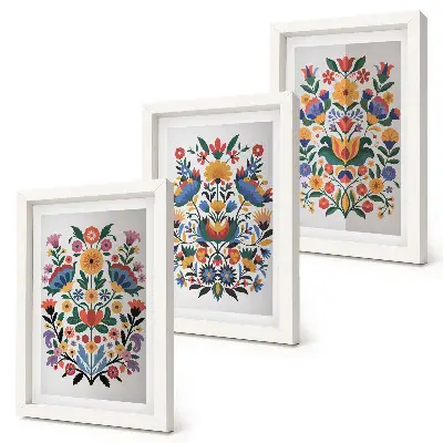 3-piece wall art set with floral patterns in intense colors on a white background