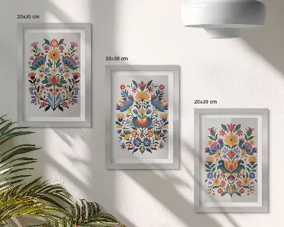 3-piece wall art set with floral patterns in intense colors on a white background