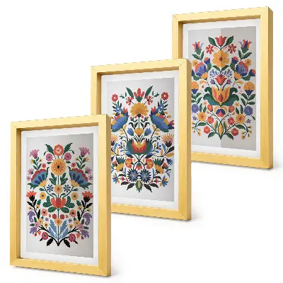 3-piece wall art set with floral patterns in intense colors on a white background