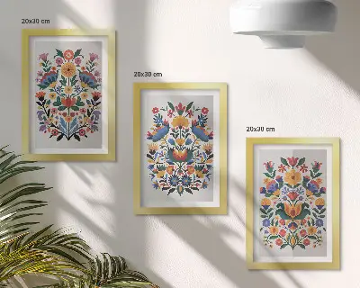 3-piece wall art set with floral patterns in intense colors on a white background