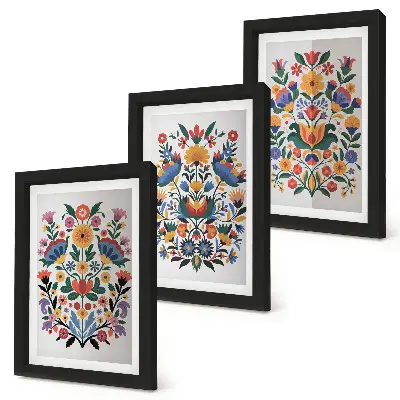 3-piece wall art set with floral patterns in intense colors on a white background