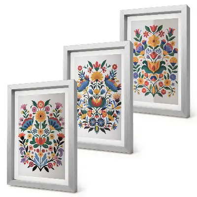 3-piece wall art set with floral patterns in intense colors on a white background