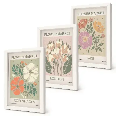 Floral triptych wall art Copenhagen, London, and Paris posters in frames