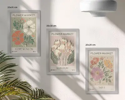 Floral triptych wall art Copenhagen, London, and Paris posters in frames