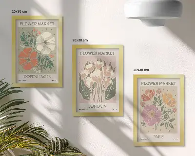 Floral triptych wall art Copenhagen, London, and Paris posters in frames