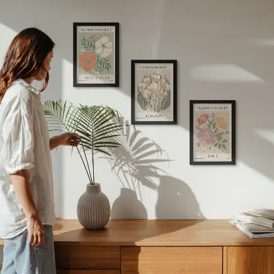 Floral triptych wall art Copenhagen, London, and Paris posters in frames