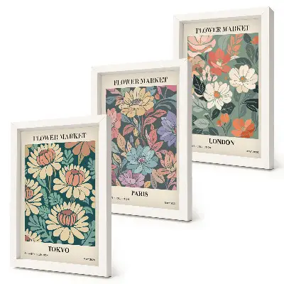 3-Piece wall art set featuring flower posters of Tokyo, Paris, and London